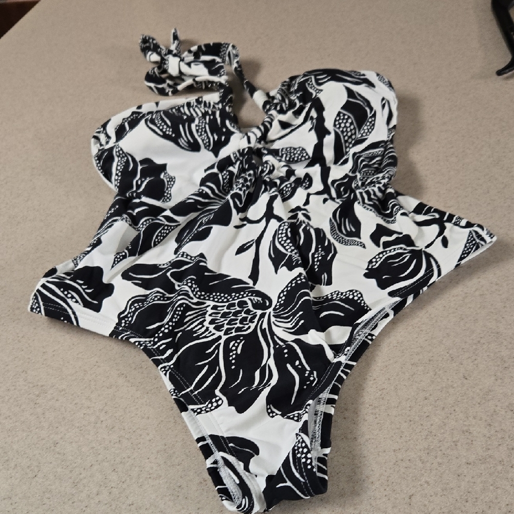 Floral Black and White One-Piece Swimsuit Very Clean Like New
